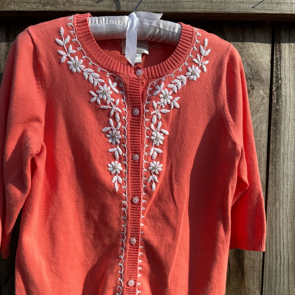 Christopher & Banks Coral Orange Floral Embroidered Cardigan